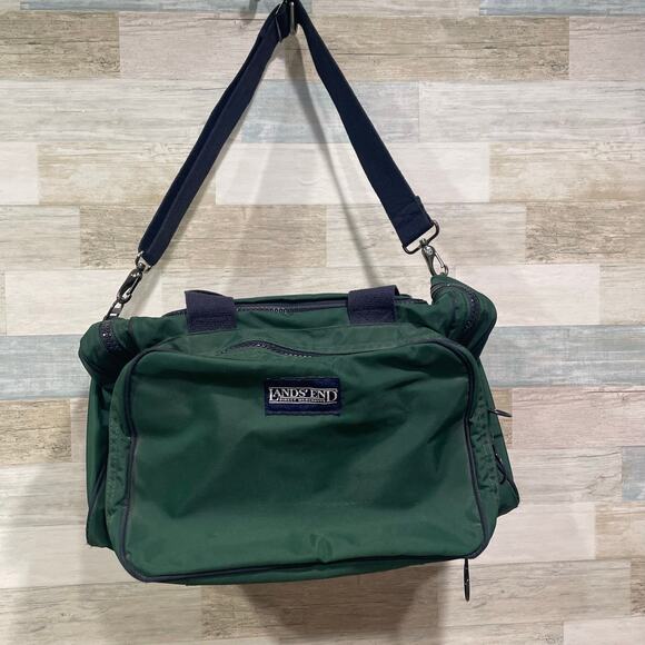 Lands End Vintage Square Nylon Duffle Bag Green Blue Travel USA Overnight - Picture 1 of 10